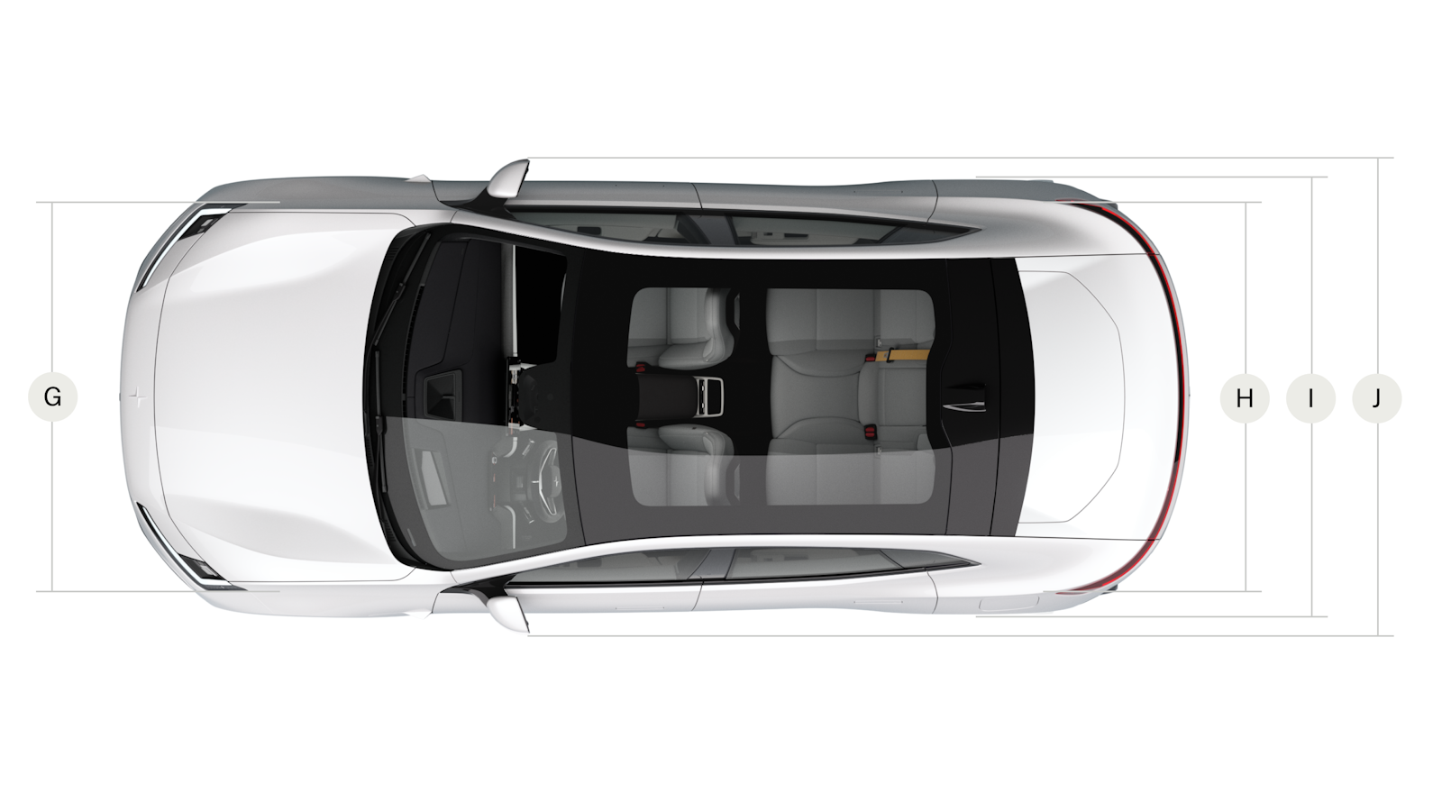 The car seen from above. Letters and lines indicate different dimensions of the car