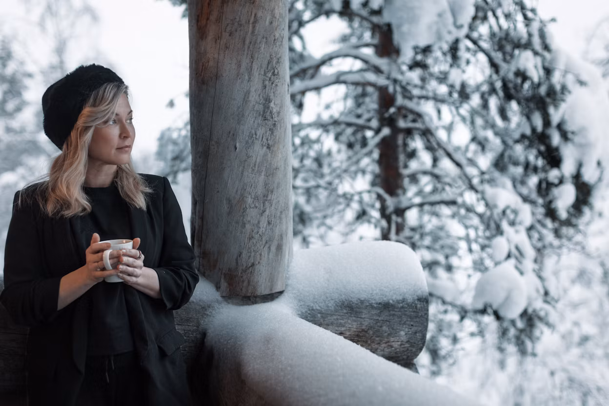 Tanja Sotka enjoying some warm tea out in the cold.
