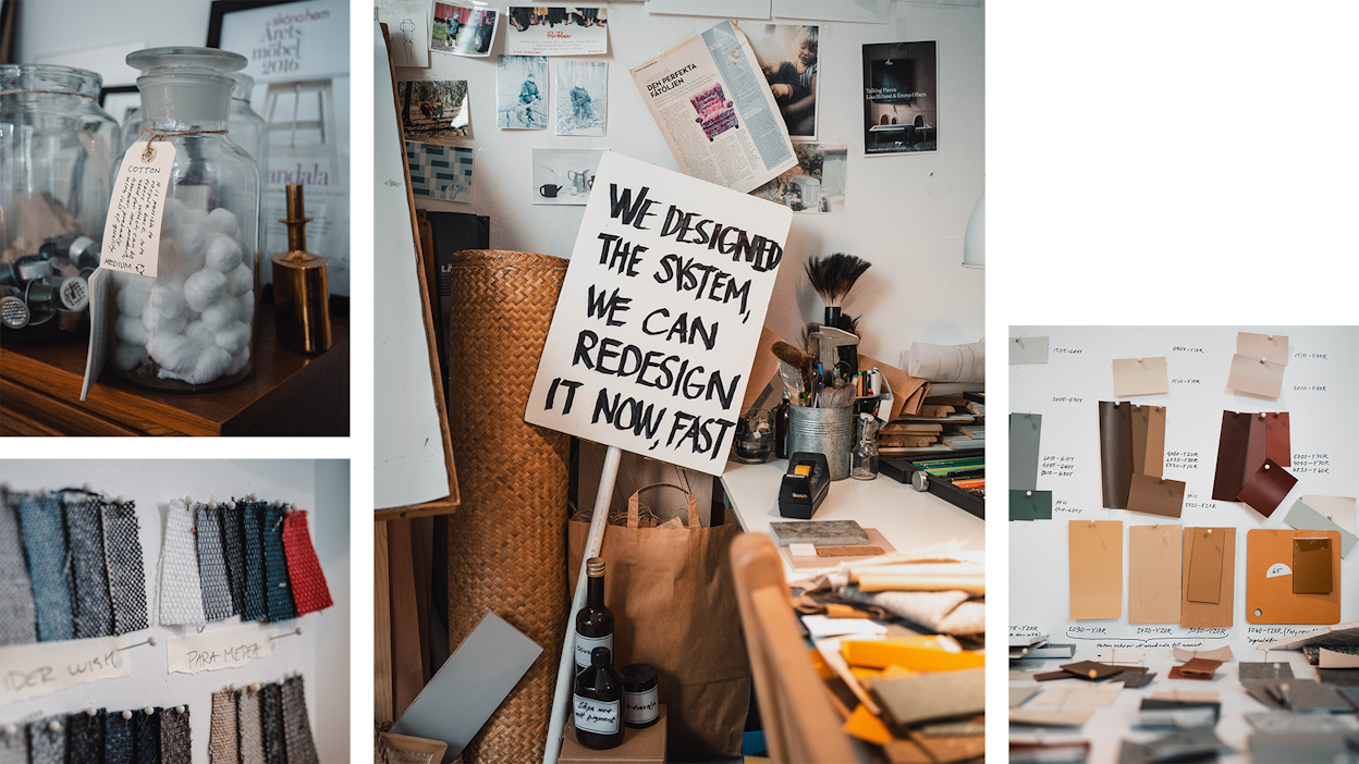 A canvas, showcasing details from Emma Olbers studio. One photo shows a sign that states: "We designed the system, we can redesign it now, fast"