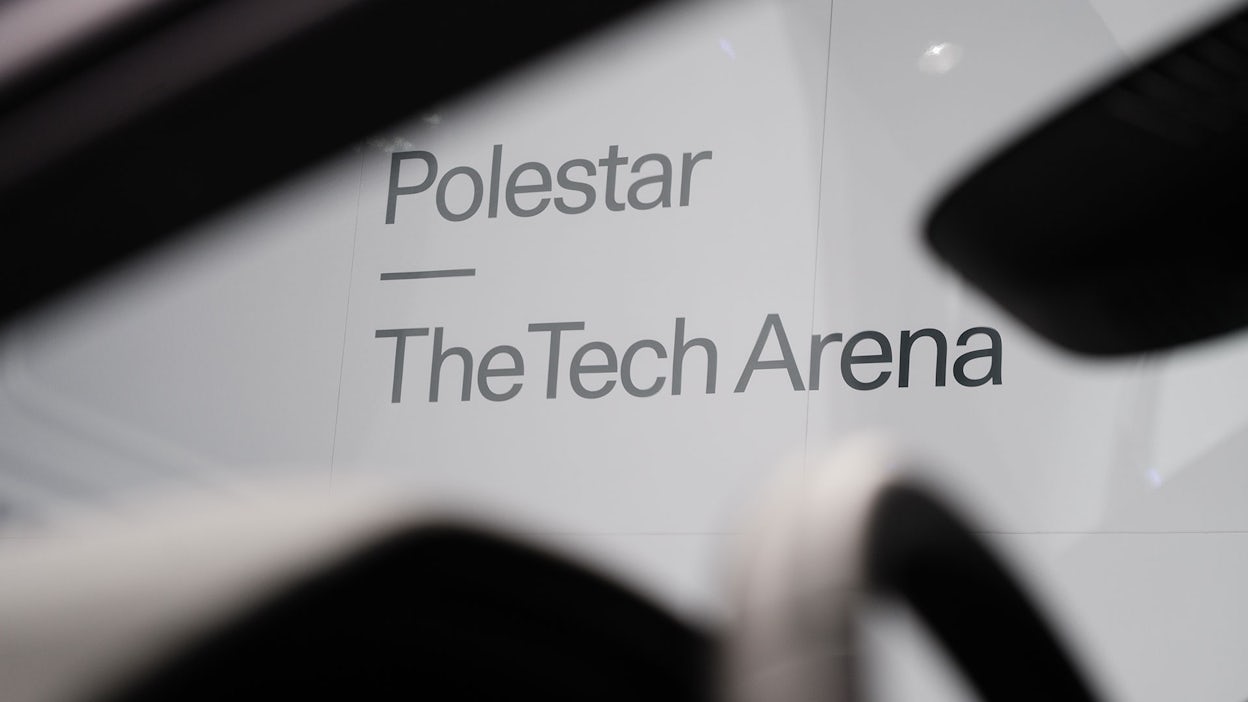 Viewed through the windshield of a Polestar car, displaying the Polestar logo and 'The Tech Arena'