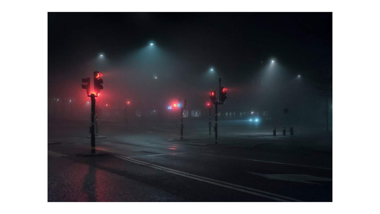Traffic lights at night.