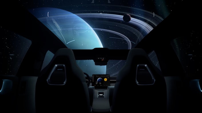 Rendered image of Polestar 4 interior with imagines planets outside