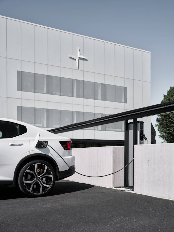 Polestar 2 charging outside Polestar Cube in Gothenburg