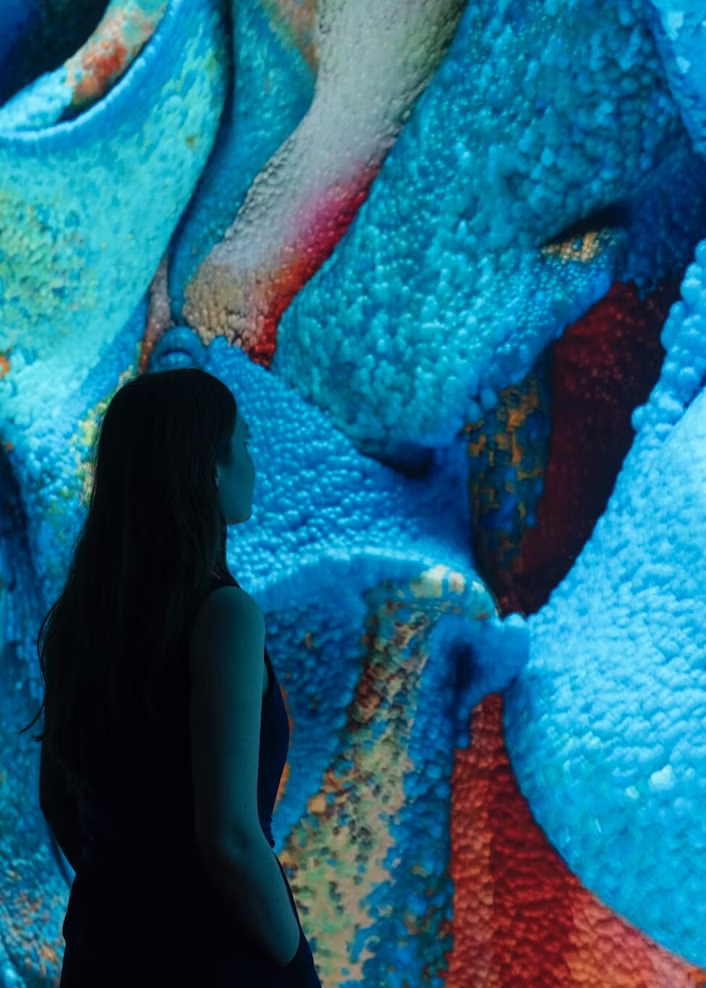 Silhouette of lady standing in front of colourful digital art exhibition