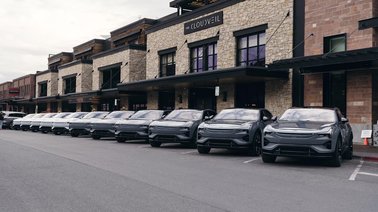 Polestar 3's lined up in front of a hotel in Jackson Hole, Wyoming.