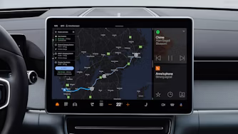 Polestar car dashboard screen showing navigation map, route details, music player, and phone connection status.