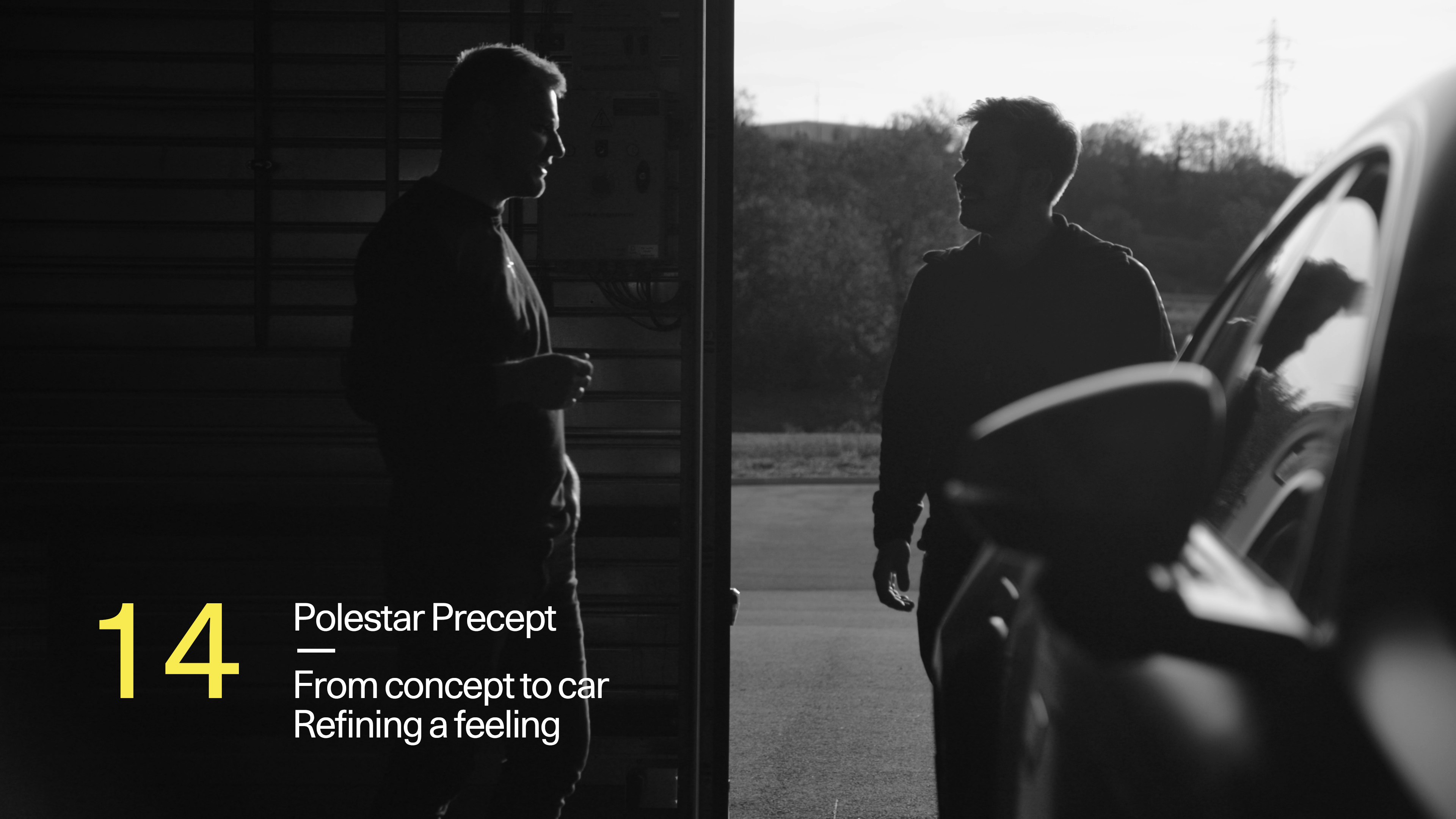 Two people standing near a Polestar car in a dimly lit area with text about Polestar Precept concept and design process.