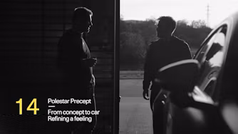 Two people standing near a Polestar car in a dimly lit area with text about Polestar Precept concept and design process.