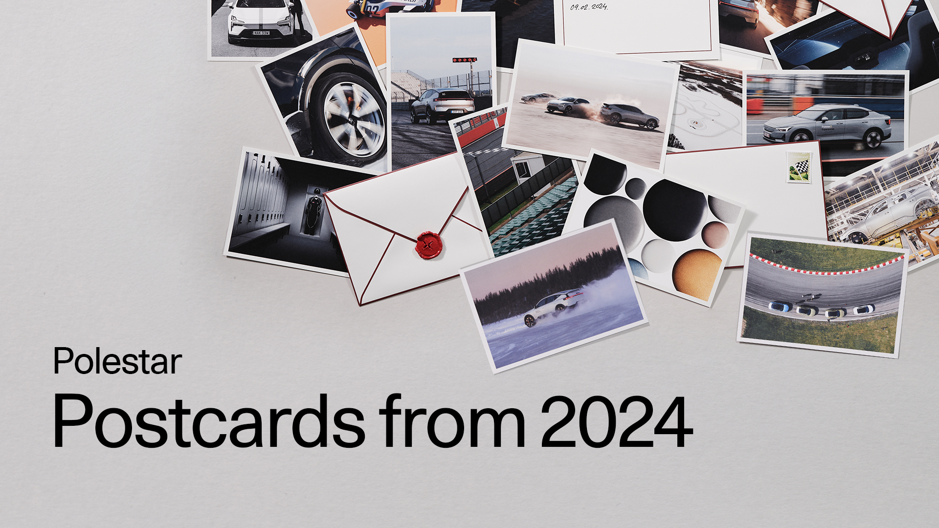 Polestar postcards and images including cars, architecture, and design elements with text 'Postcards from 2024'.