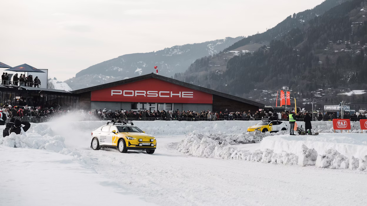Polestar 2 racing around ice track in Alps