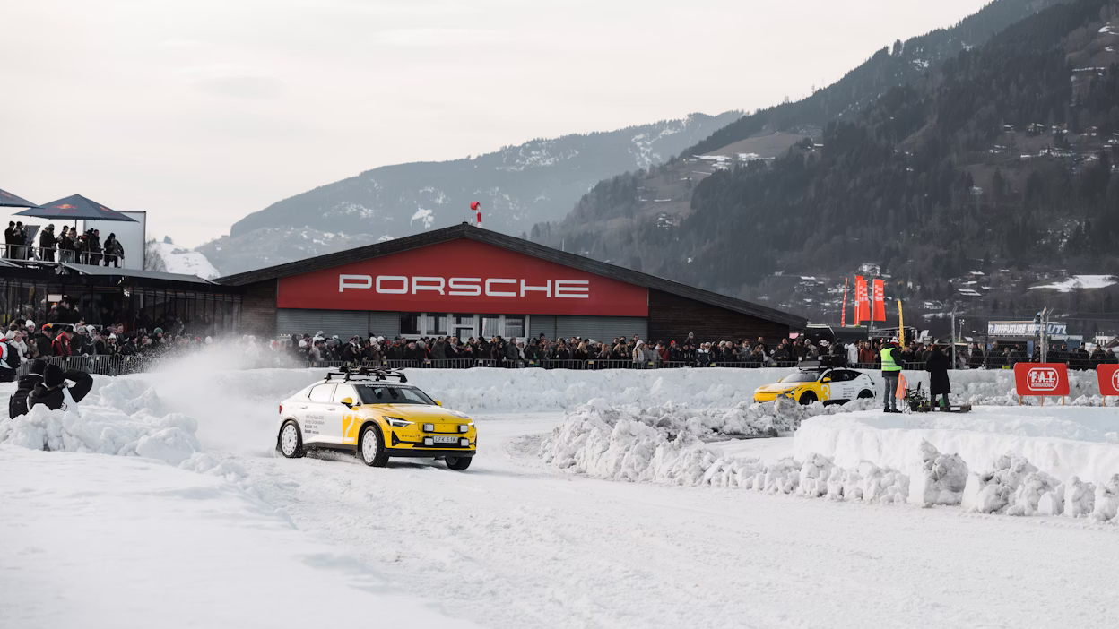 Polestar 2 racing around ice track in Alps