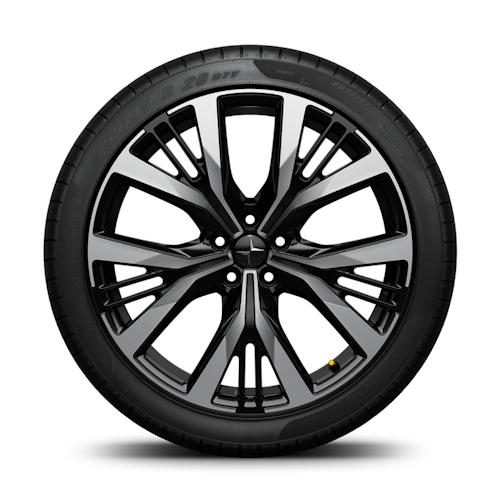 Polestar 2’s 20-inch Forged alloy, laser-etched Performance wheel with gloss black finish.