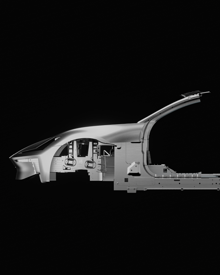 Polestar 6 frame in a dull chrome colour floating in a completely black background.