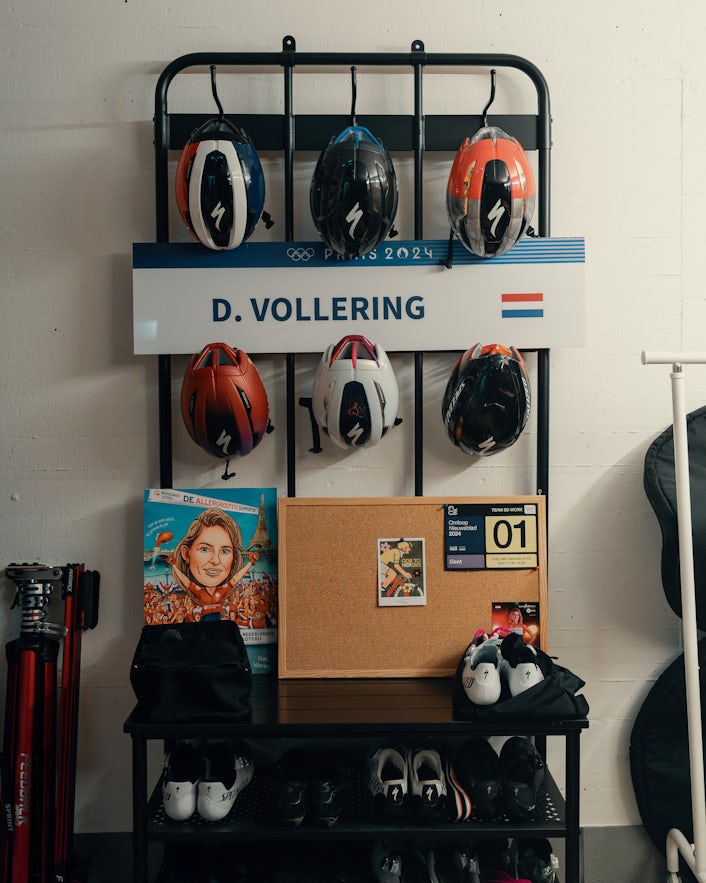 Wall of racing helmet and shoes