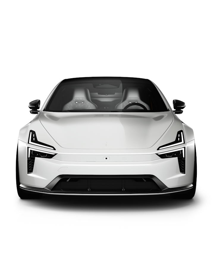 Side view of Polestar 5 car with white body, black roof, and alloy wheels on a white background.