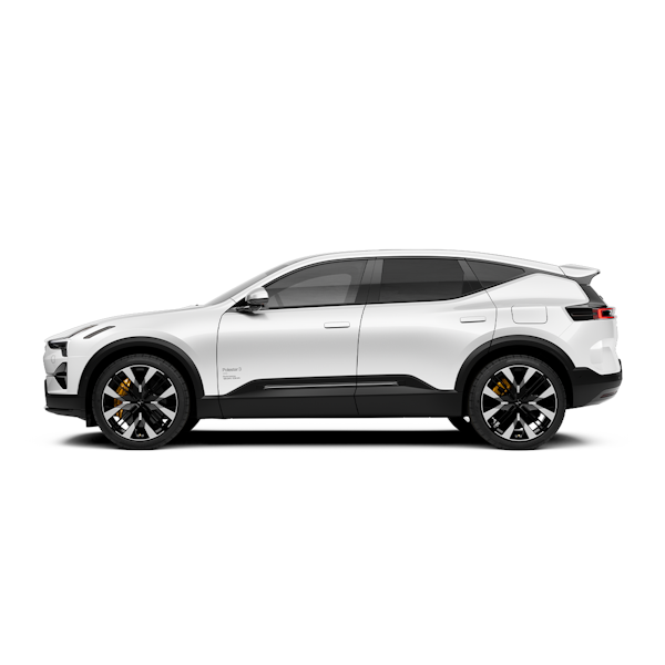 Side view of Polestar 3 electric SUV in white color with black accents and alloy wheels.