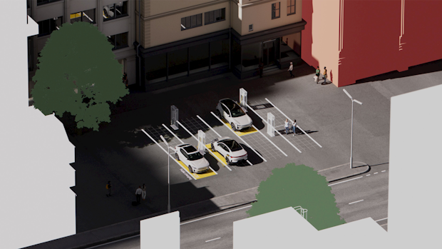 Polestar 2, 3, and 4 charging in public spots beside a building.