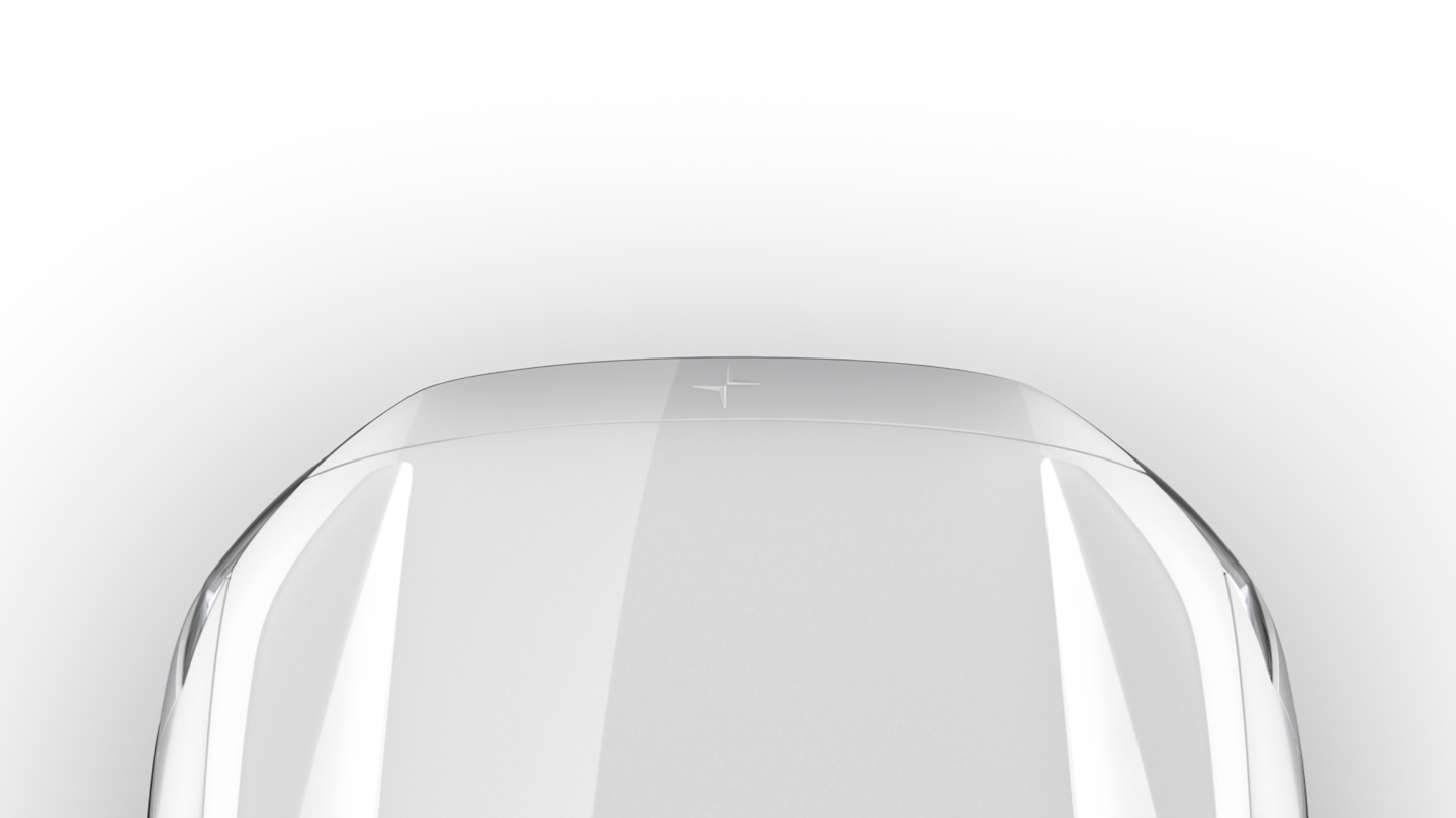 Polestar car hood in white with the Polestar logo at the front