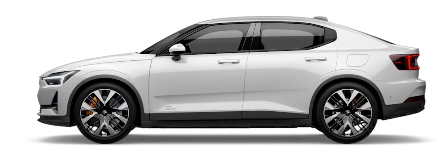Side view of a white Polestar car with black trim and alloy wheels.