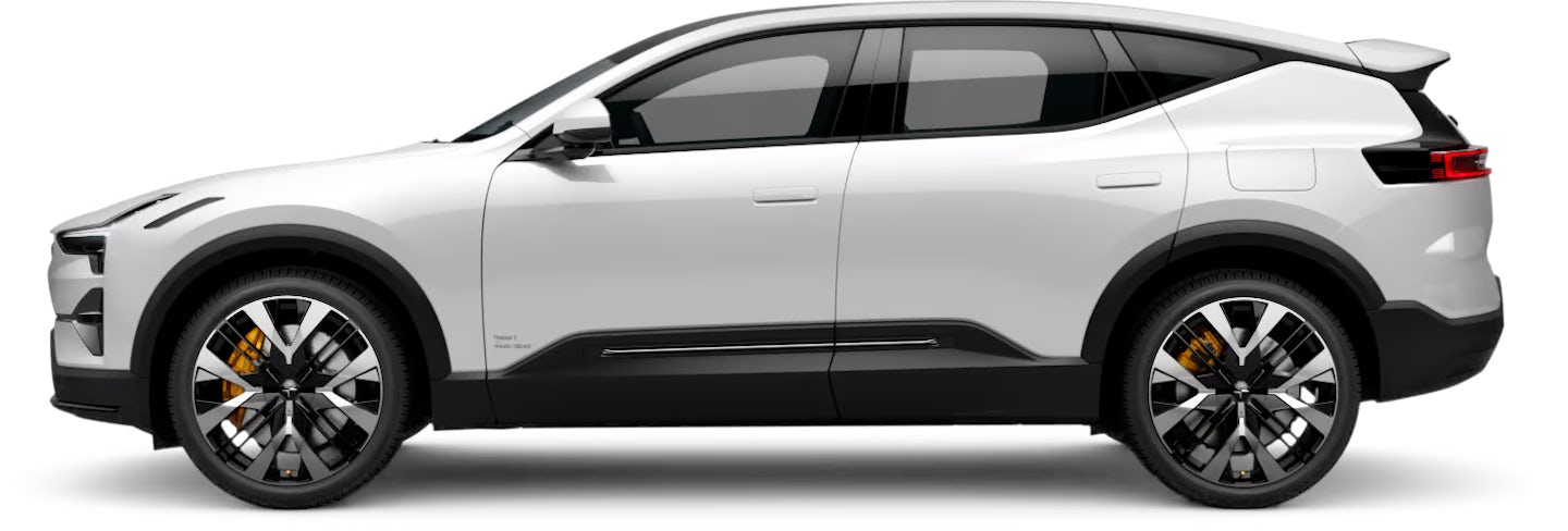 Side view of a white Polestar car with black trim and alloy wheels.