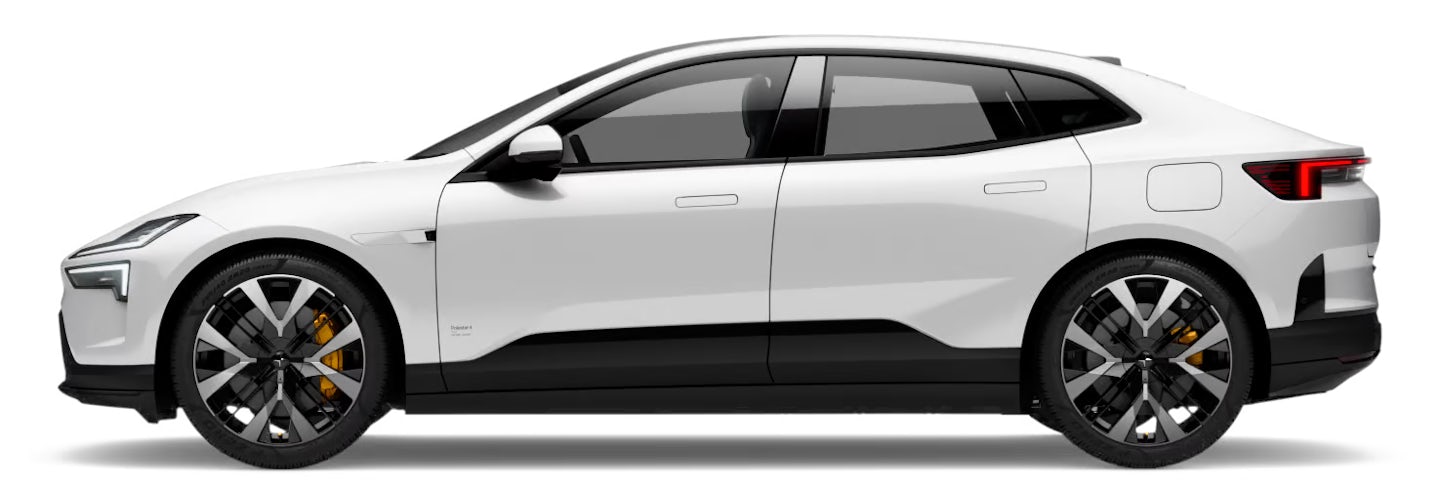 Side view of a white Polestar car with black accents and alloy wheels on a white background.