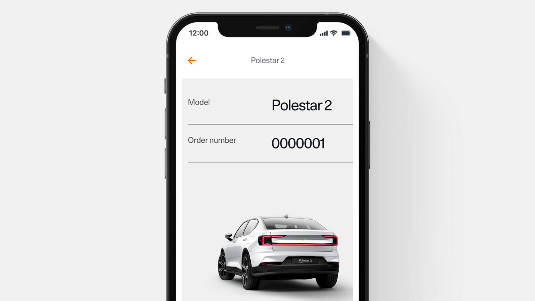 Mobile screen showing Polestar 2 model details and rear view of Polestar car with order number 000001.