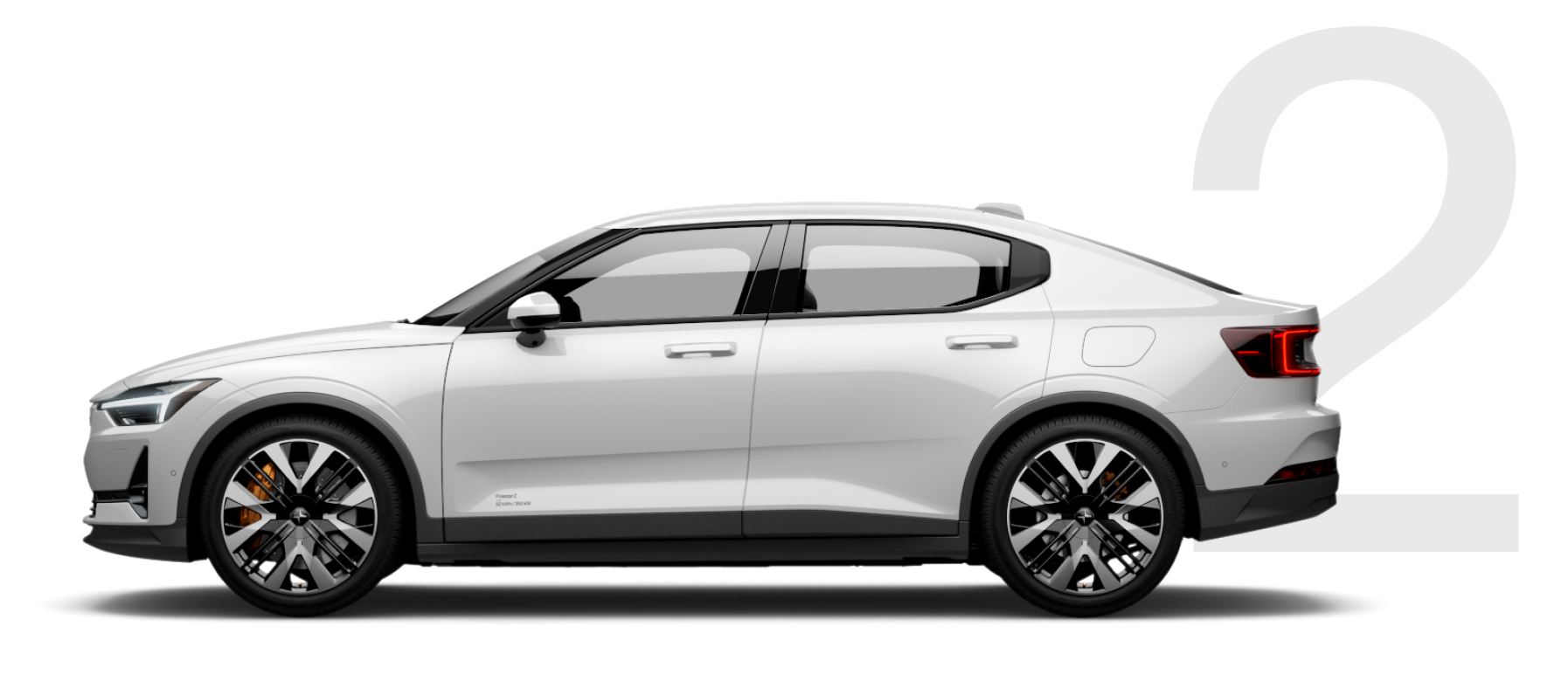 A white Polestar 2 from the side.