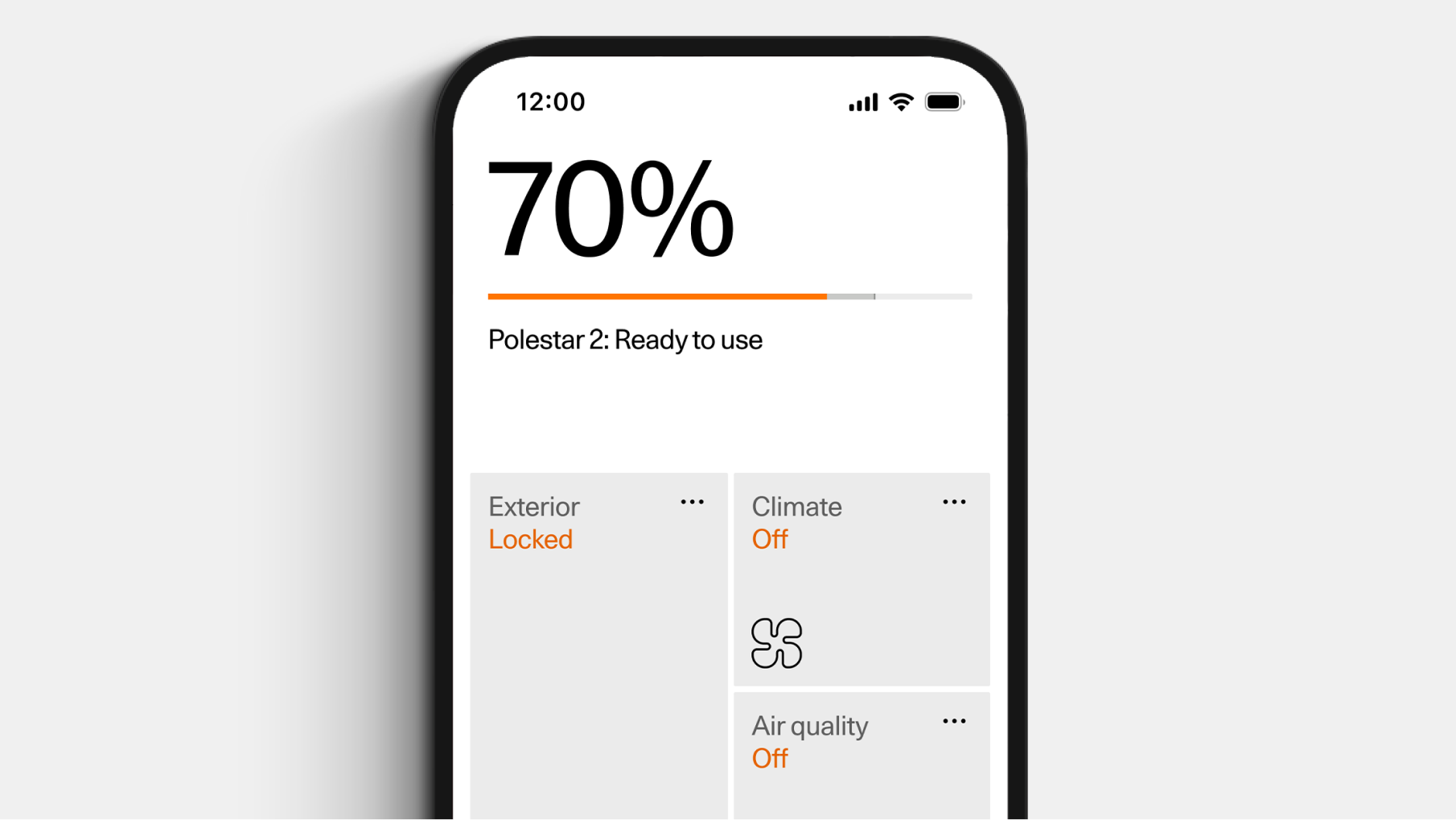 Mobile screen showing Polestar 2 status with 70% charge, exterior locked, climate off, and air quality off.