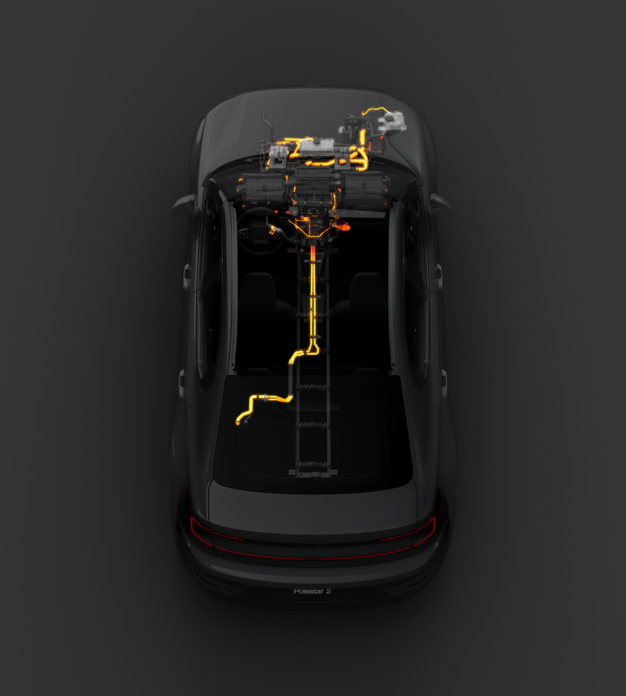 A see-through view of Polestar 2 that shows the energy-saving heat pump.