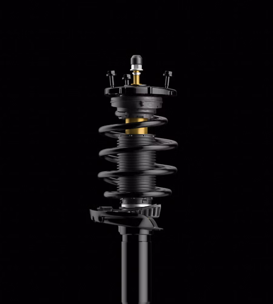 Polestar 2’s Öhlins Dual Flow Valve dampers in a black background.