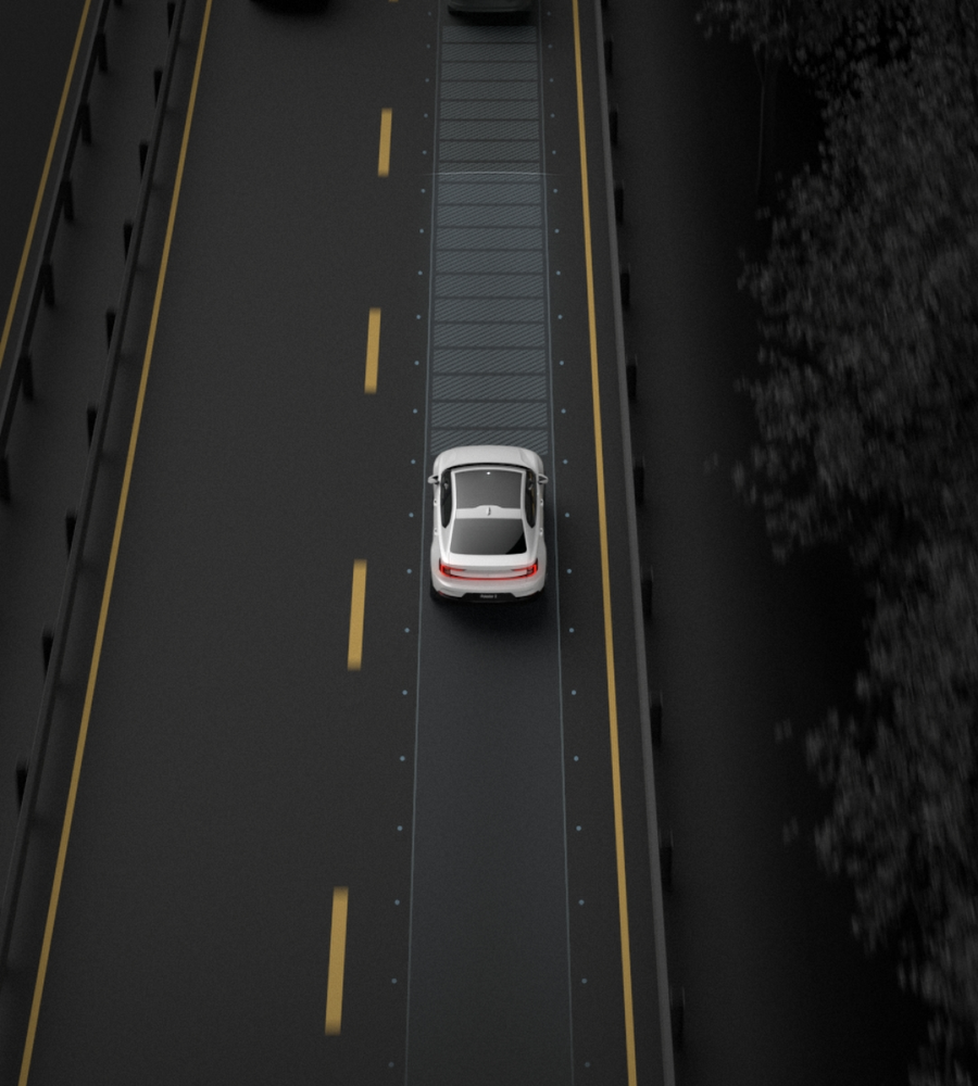 Polestar 2 adjusting its own speed to the speed and position of the car ahead.