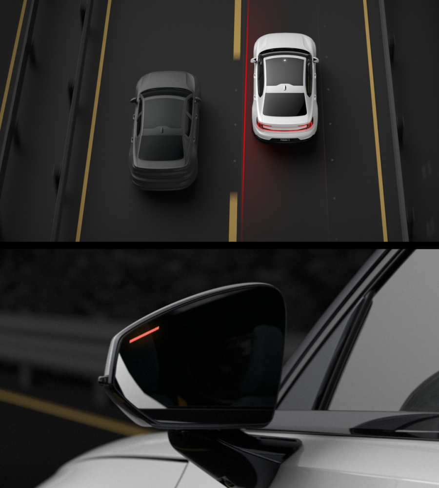 Polestar 2 warning and steering itself back into its lane after detecting a vehicle in its blind spot.