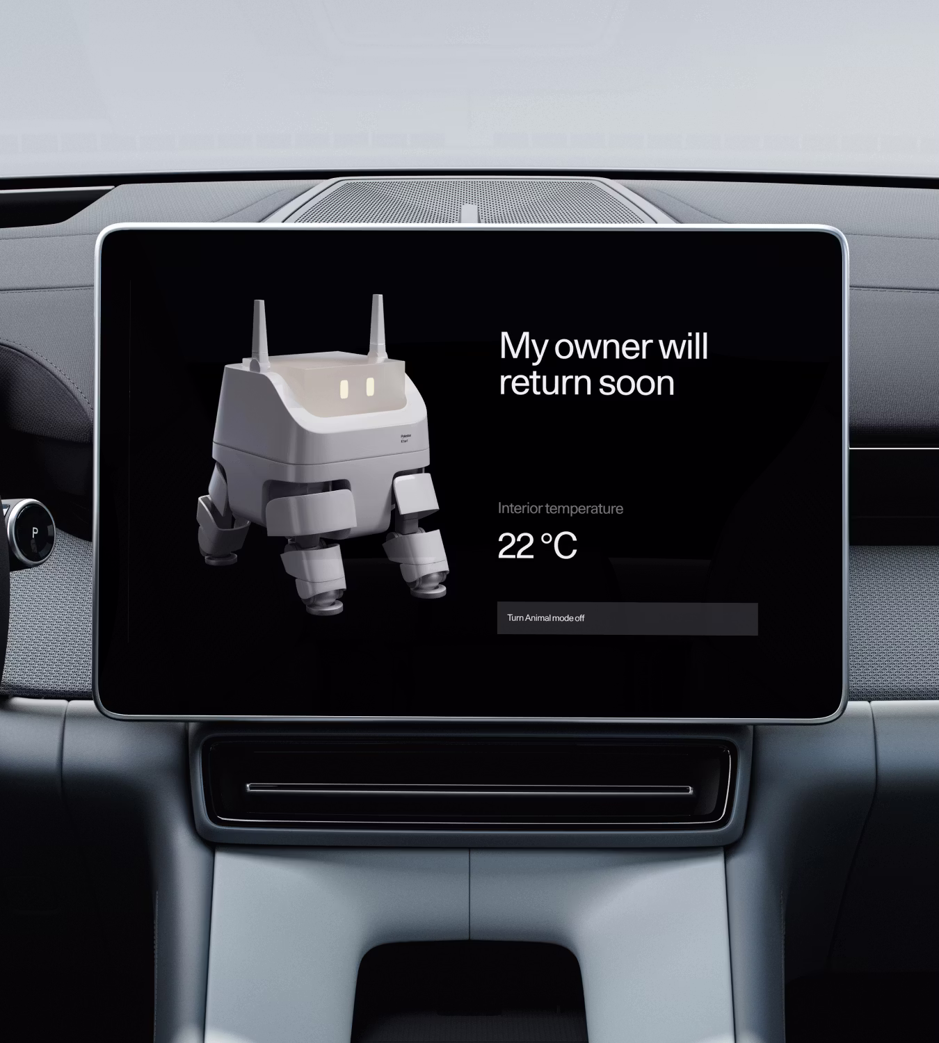 Polestar 4 infotainment screen showing a robotic dog image, illustrating the car's animal mode setting