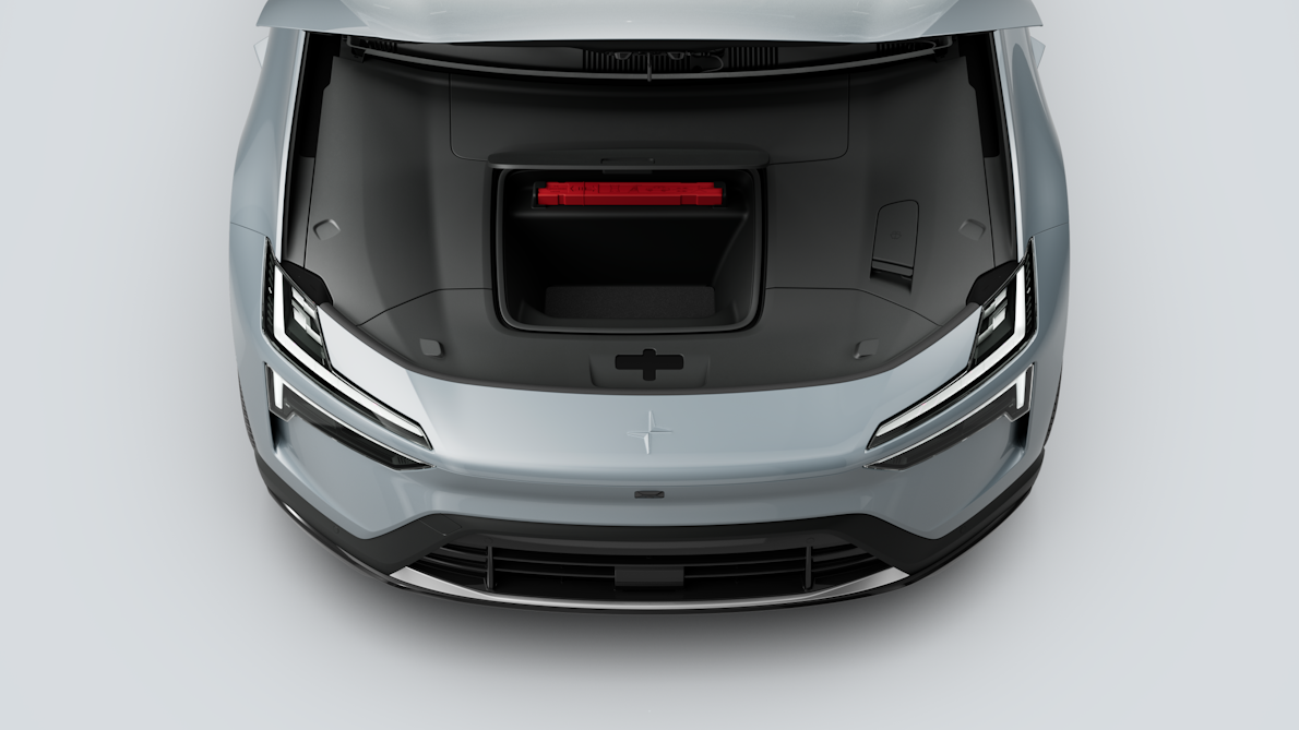 A top down view of Polestar 4’s front compartment with roof raised up.