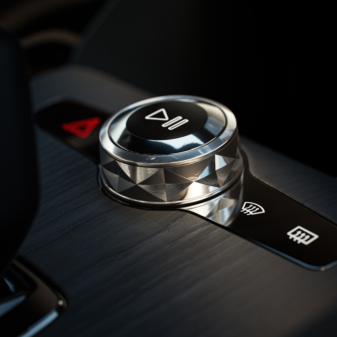 A close up of Polestar 2’s volume control knob with surrounding hazard and ventilation lights.