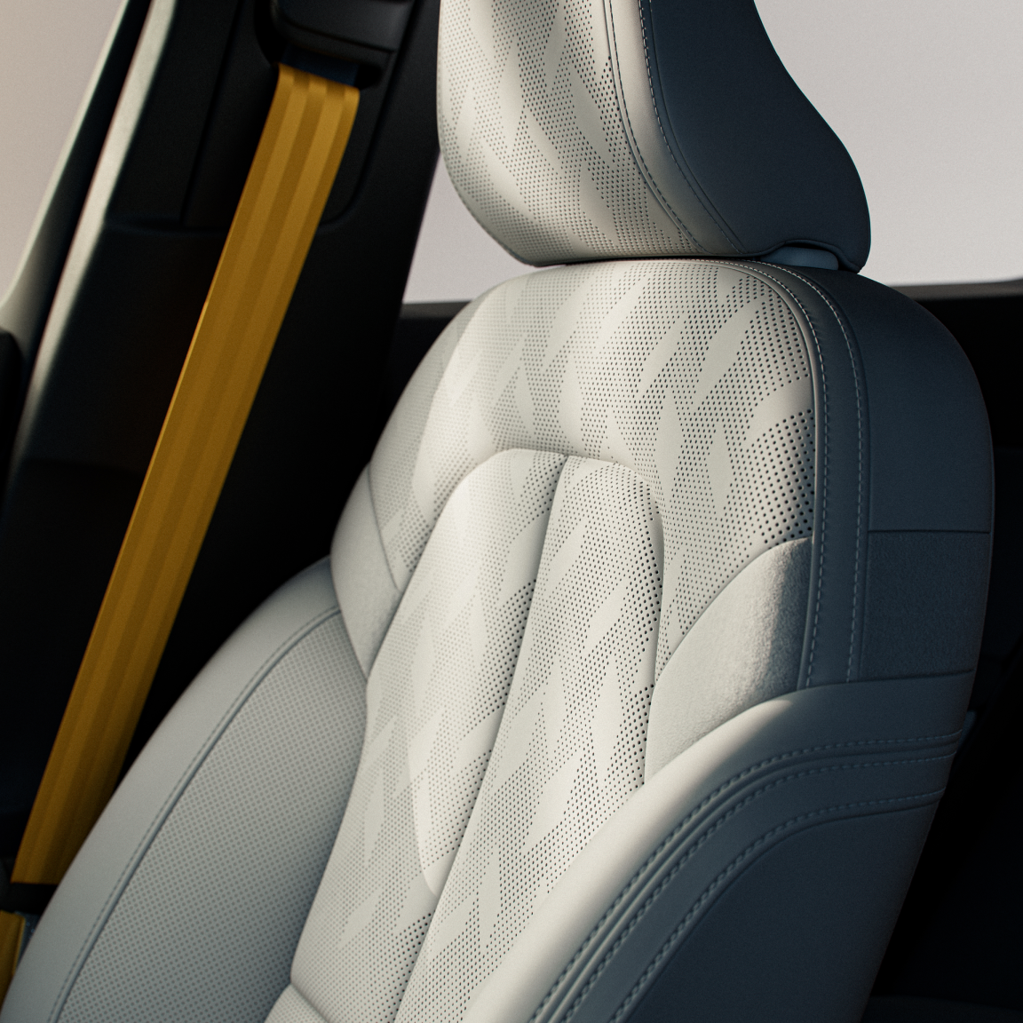 A close up of Polestar 2’s front passenger seat with the Bridge of Weir upholstery in Zinc.