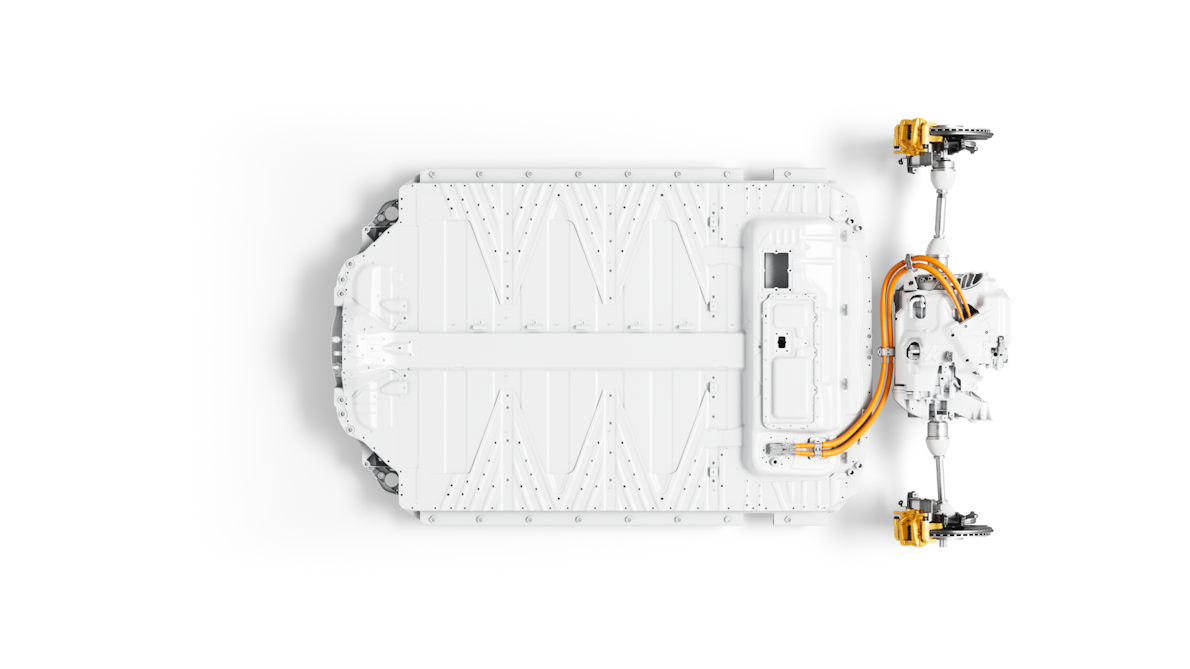 Polestar 3’s rear-wheel drive powertrain with Swedish gold Brembo brake calipers.