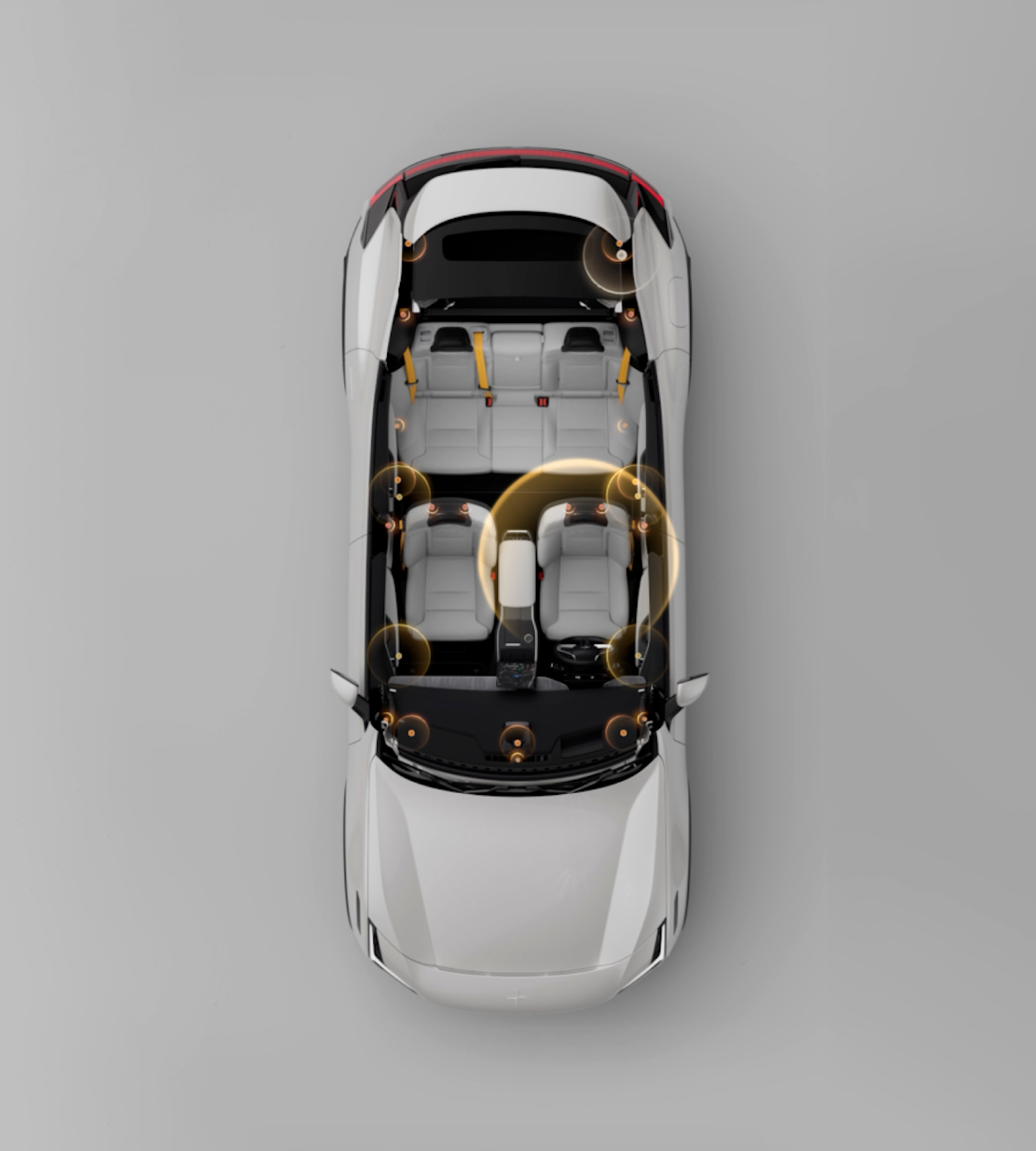 A top down view of Polestar 3 showing its interior and sound waves indicating speaker placement.