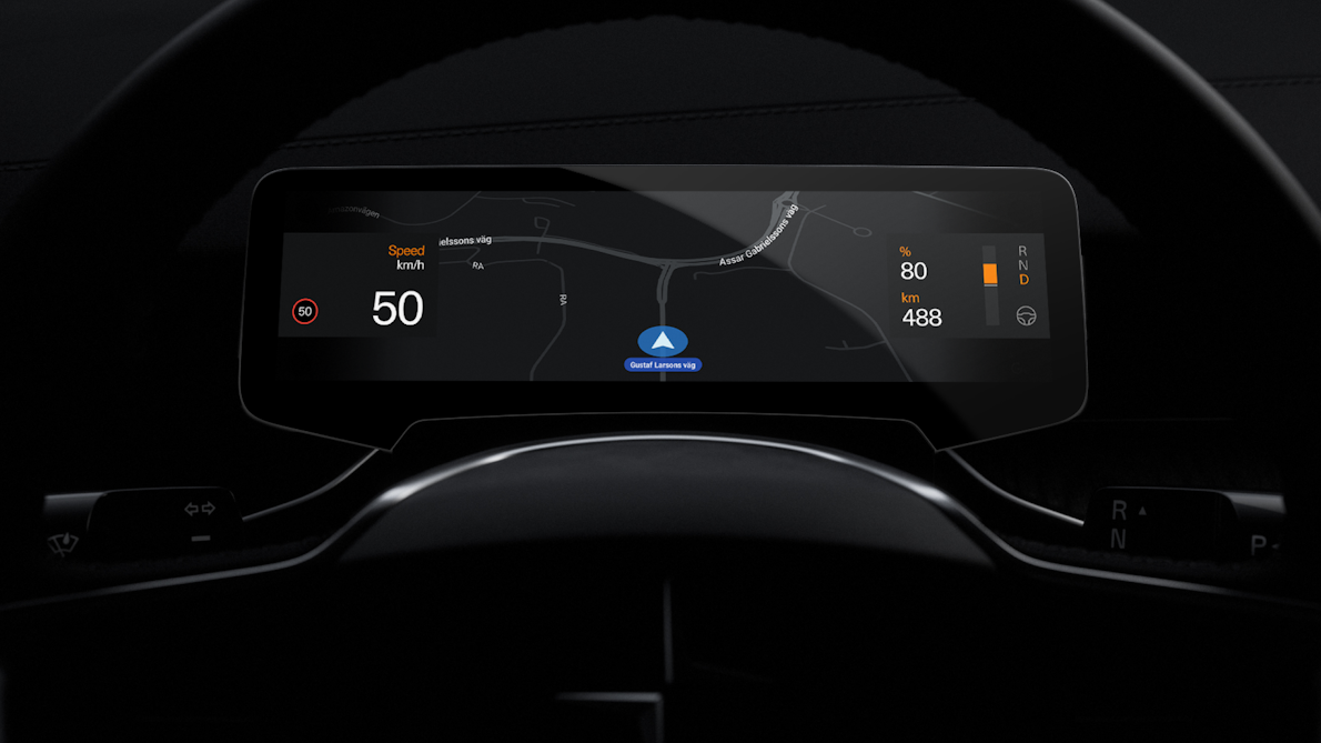 Polestar 3’s driver display showing the Google Maps application with other driver related info.