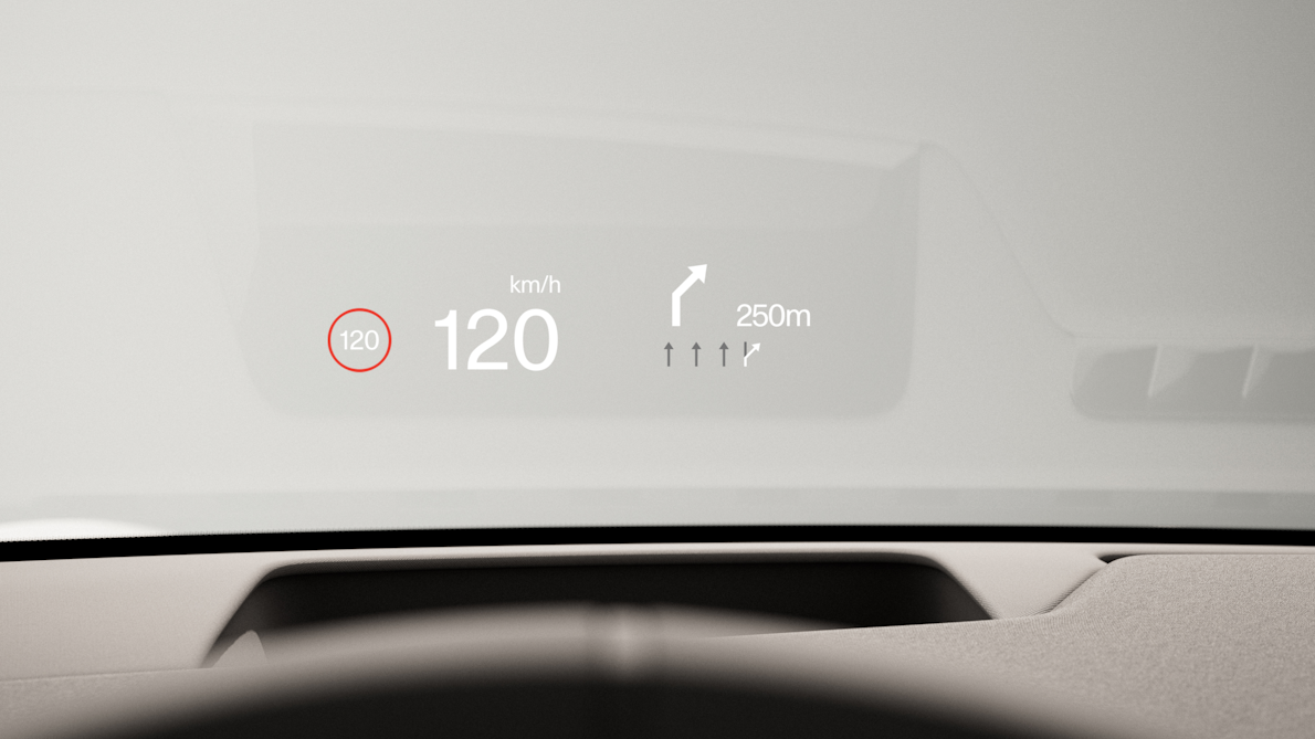 Polestar 3’s head up display on the glass showing the current driving speed and lane direction.