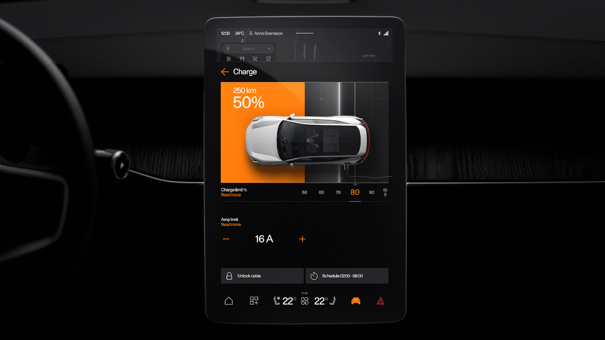 Polestar 3’s dashboard, steering wheel, and centre display showing the “Charge” screen.