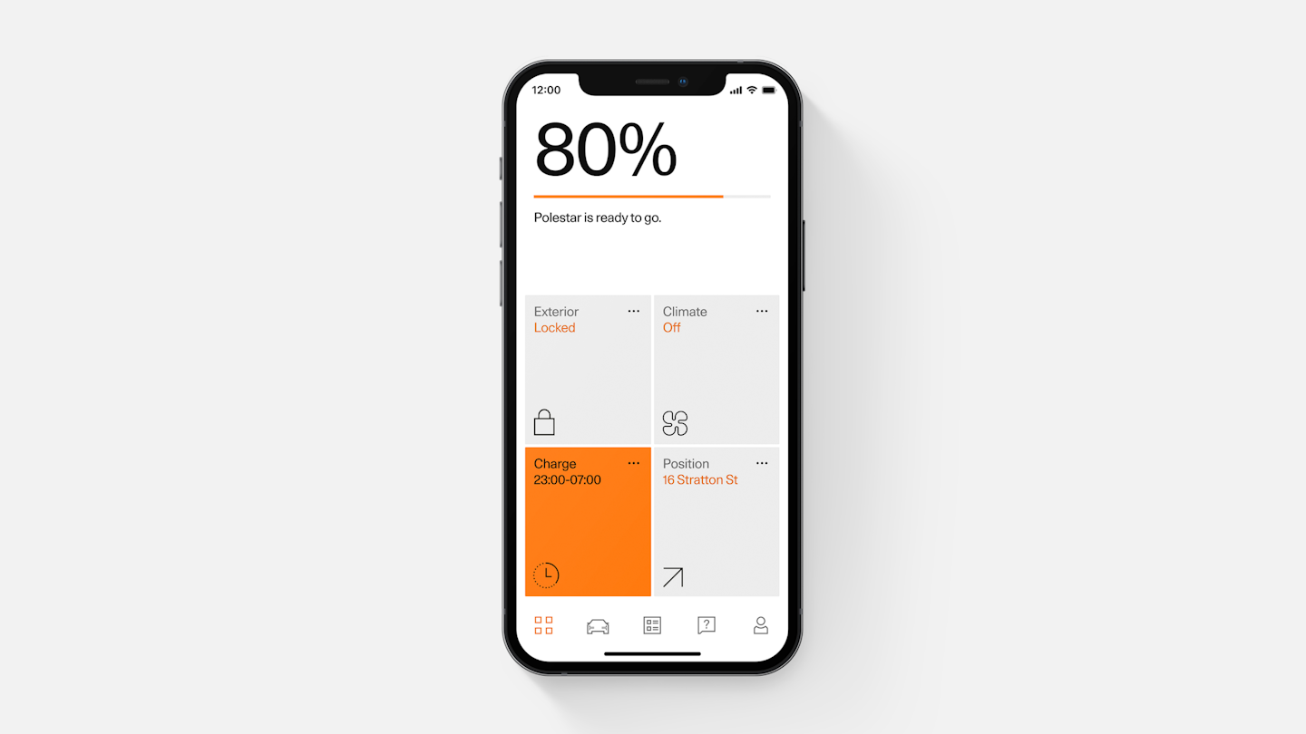 An Apple smartphone with the Polestar app homescreen.