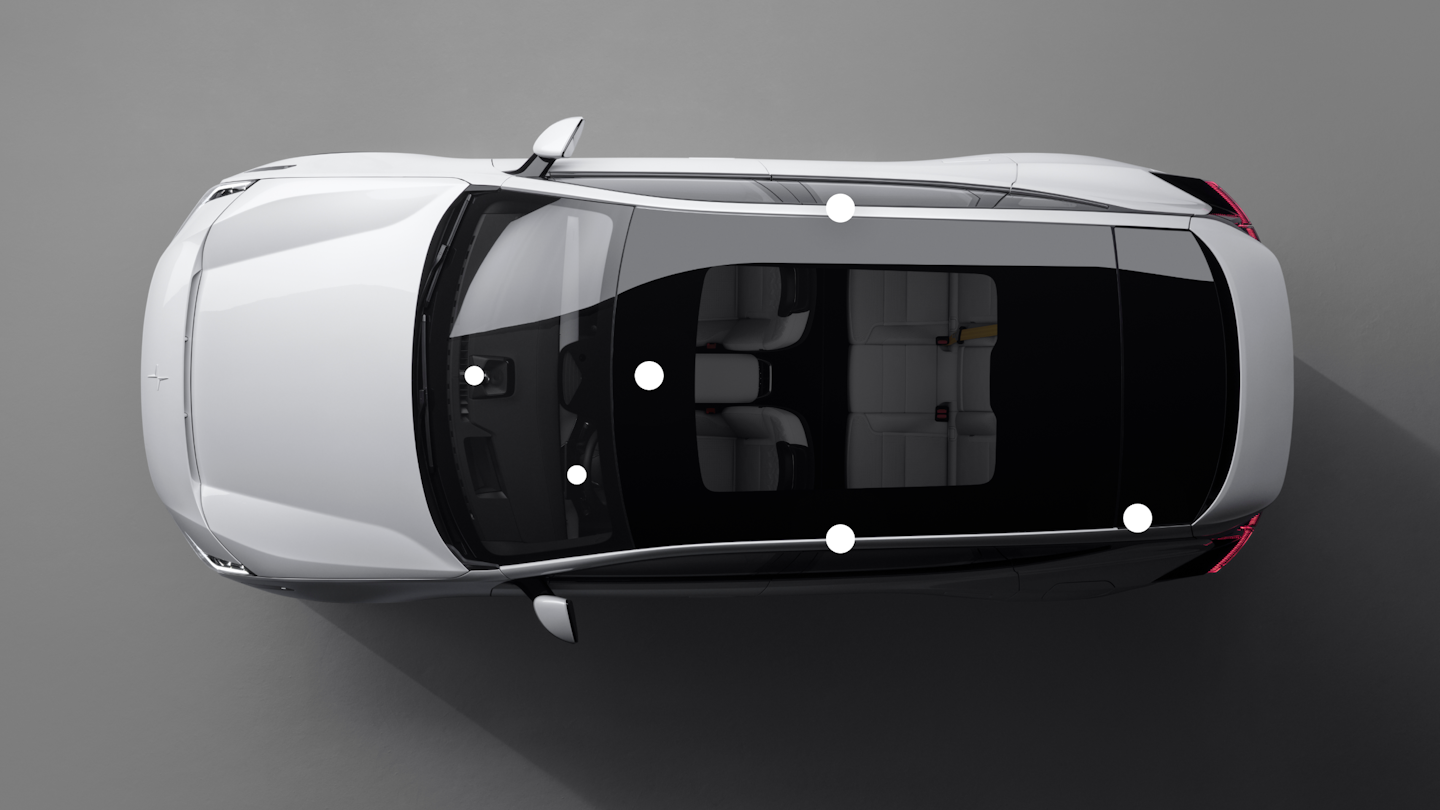 A bird’s eye view of Polestar 3 with dots showing the placement of its interior cameras and sensors.