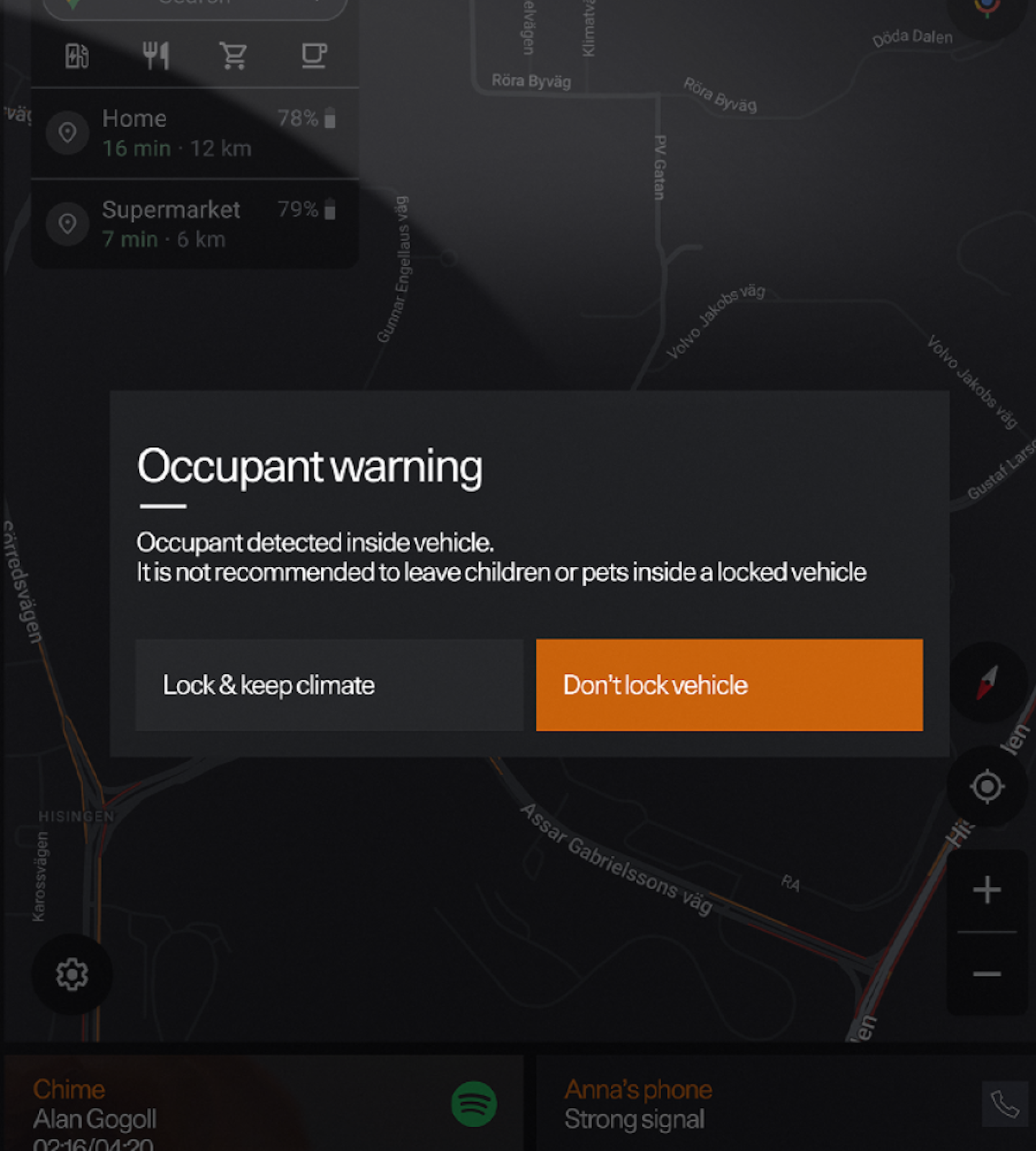 Polestar 3’s centre display screen showing a message about detected occupants in the car.
