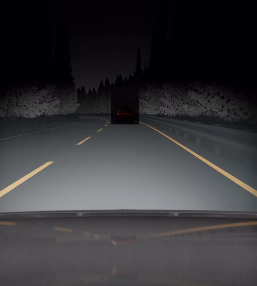 Polestar 3 on the motorway with headlights automatically dimming to individually detected cars.