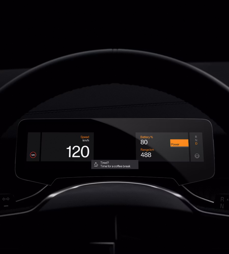 Polestar 3’s driver display showing a message suggesting the driver to take a break.