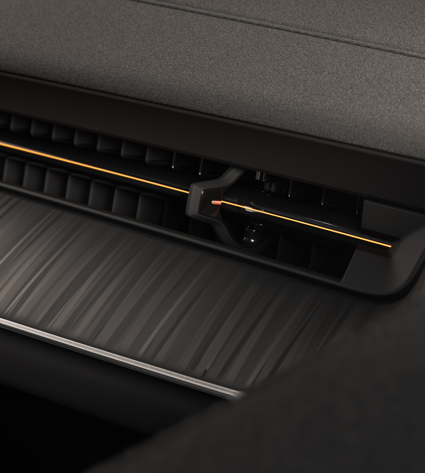 Close-up of Polestar 3’s Tectonic deco with a golden line across the ventilation.
