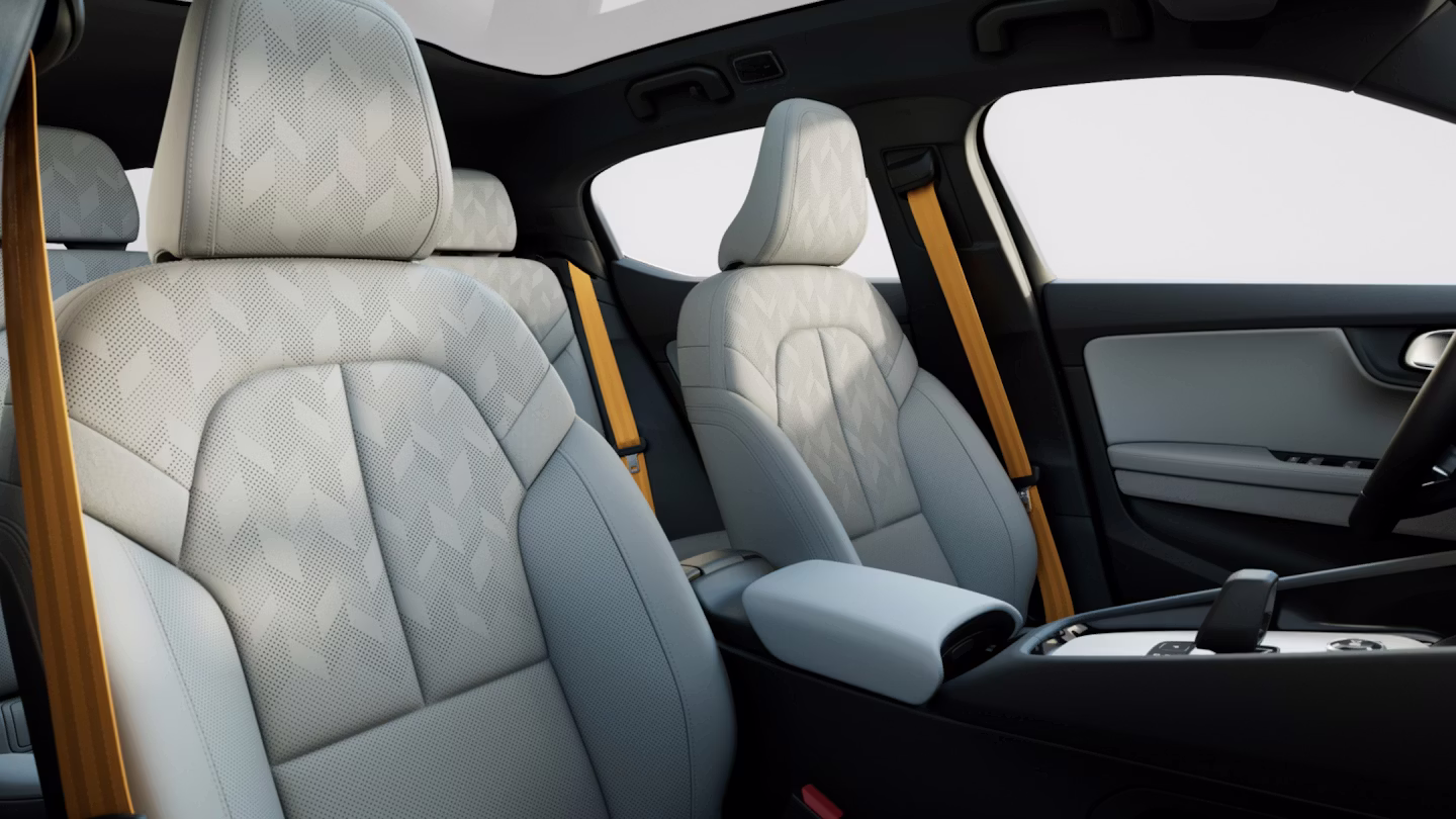 Polestar 2 seats with Bridge of Weir leather in Zinc and Light Ash deco.