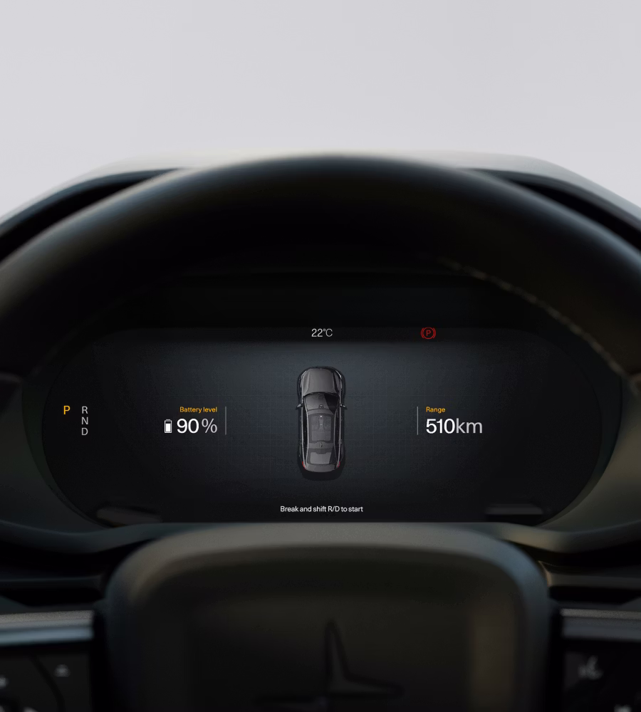 Polestar 2’s driver display showing the battery level and the remaining range.