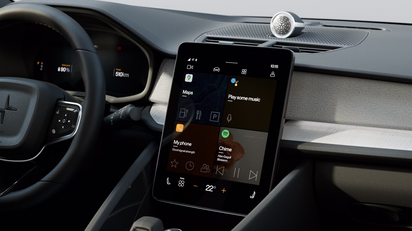 Polestar 2’s centre display showing the home screen tiles.